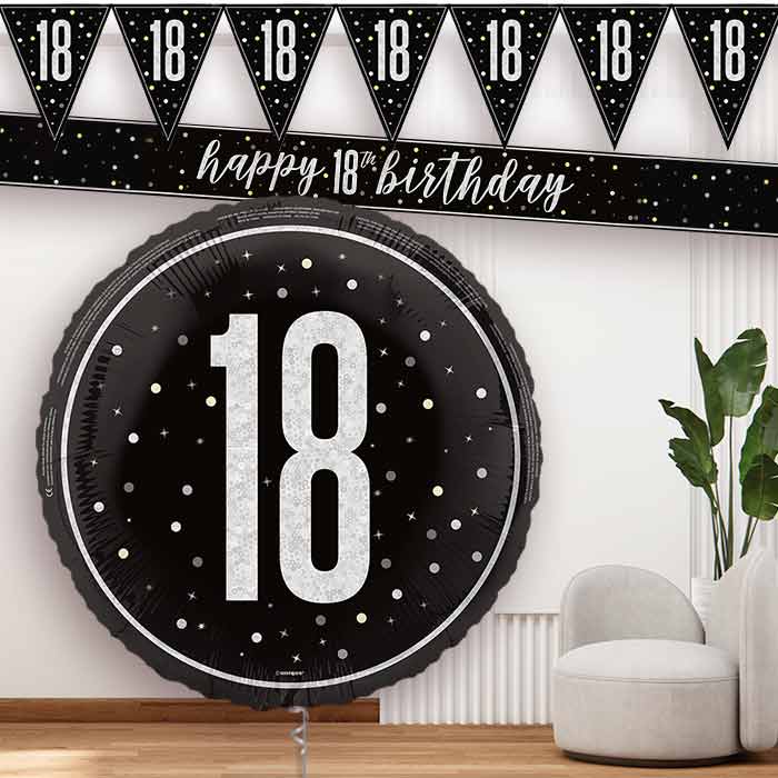 Black and Silver 18th Banners and Balloon