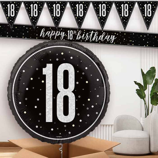 Black and Silver 18th Banners and Balloon | Party Save Smile