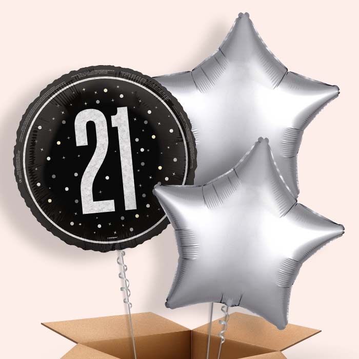 Black and Silver 21st Birthday Helium Balloon in a Box - 3 Balloon | Party Save Smile