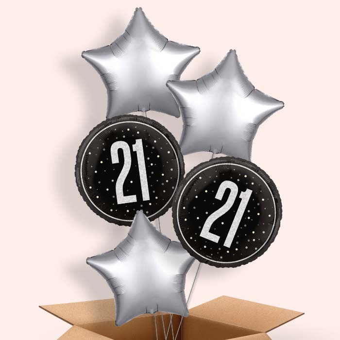 Black and Silver 21st Birthday Helium Balloon in a Box - 5 Balloon | Party Save Smile