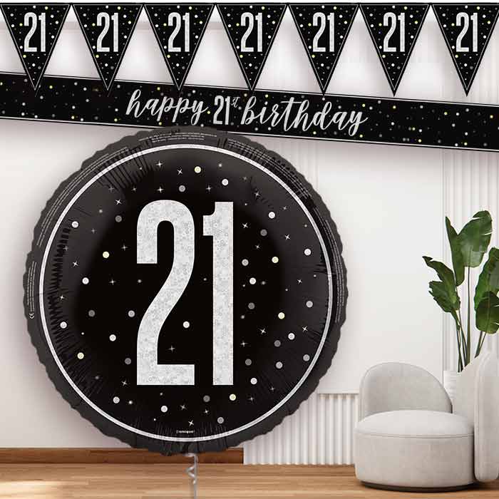 Black and Silver 21st Banners and Balloon