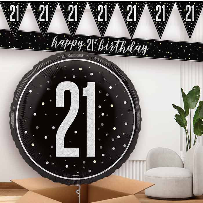 Black and Silver 21st Banners and Balloon | Party Save Smile