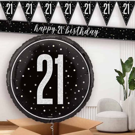 Black and Silver 21st Banners and Balloon | Party Save Smile
