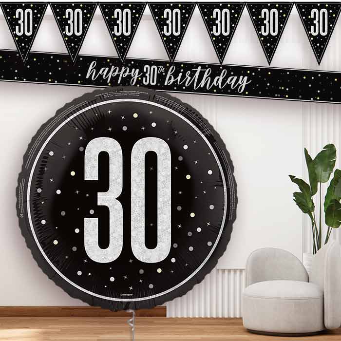 Black and Silver 30th Balloon and Banners