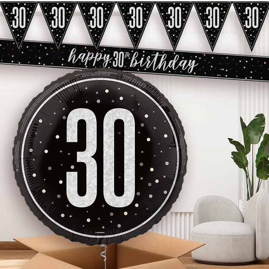Black and Silver 30th Balloon and Banners | Party Save Smile