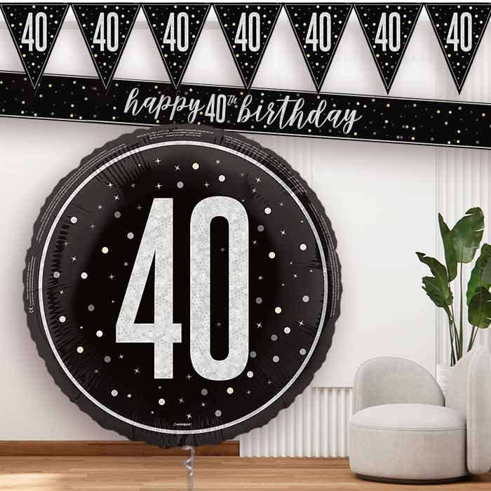 Black and Silver 40th Balloon and Banners