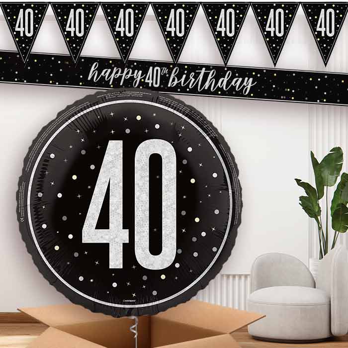 Black and Silver 40th Balloon and Banners | Party Save Smile