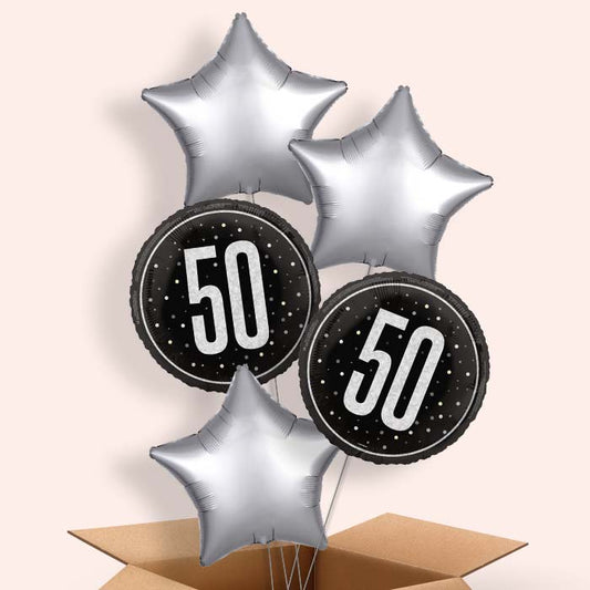 Black and Silver 50th Birthday Helium Balloon in a Box - 5 Balloon | Party Save Smile