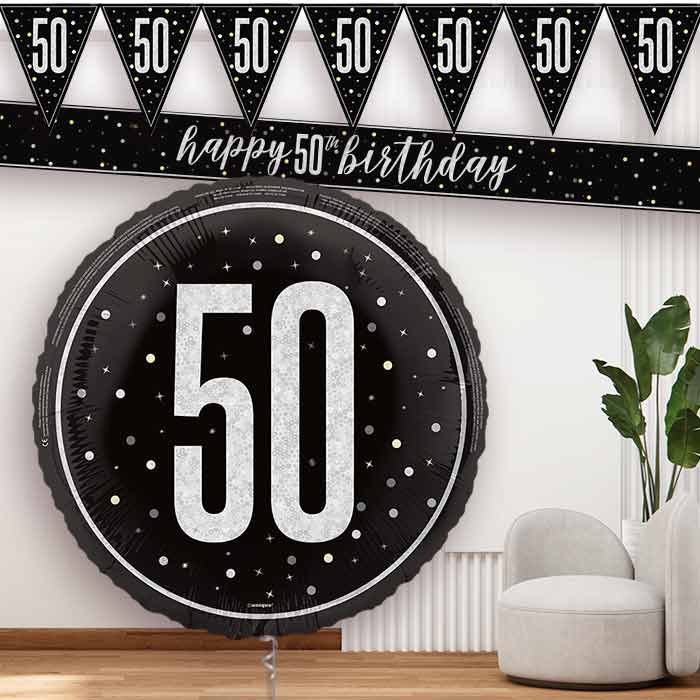 Black and Silver 50th Balloon and Banners