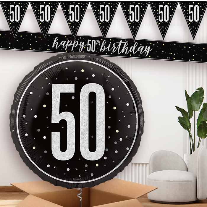 Black and Silver 50th Balloon and Banners | Party Save Smile
