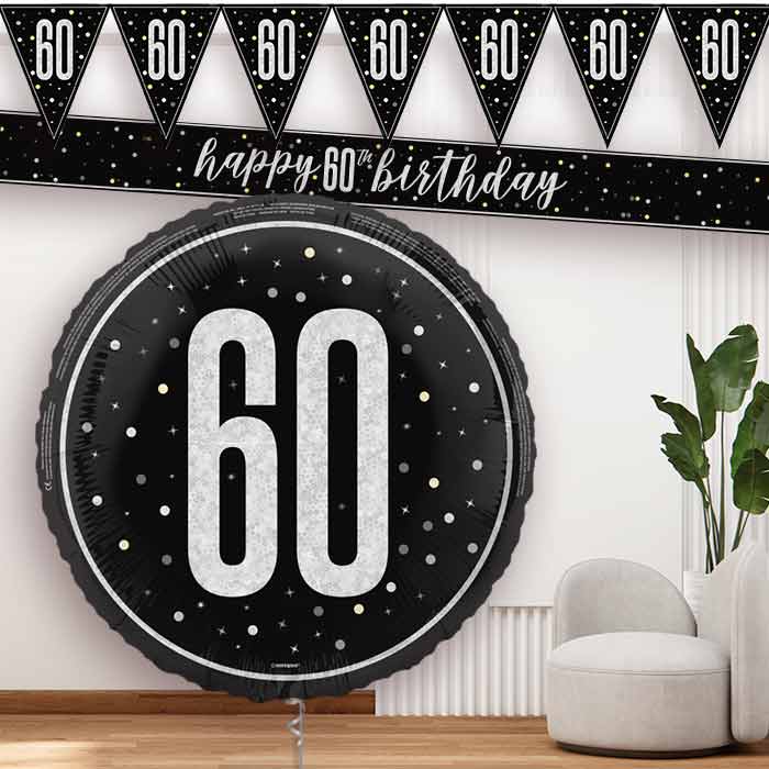 Black and Silver 60th Banners and Balloon
