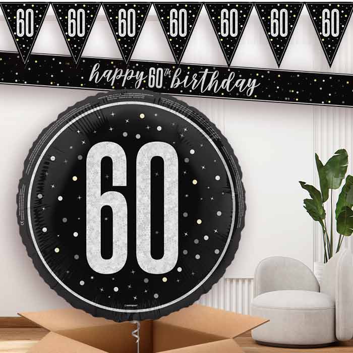 Black and Silver 60th Banners and Balloon | Party Save Smile