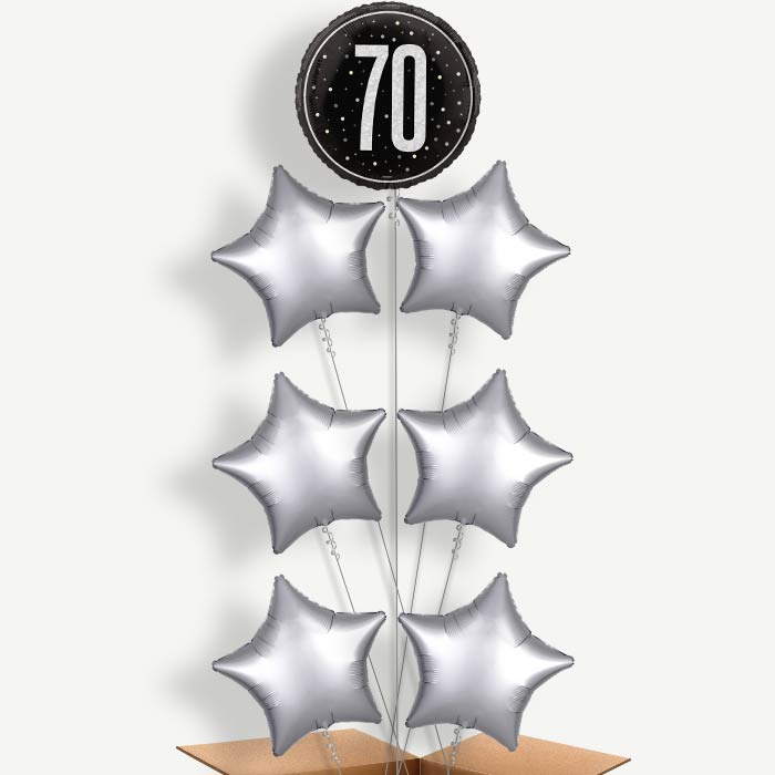 Black & Silver 70th Birthday Helium Balloon Arrangement | Party Save Smile