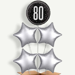 Black & Silver 80th Birthday 5 Helium Cluster Balloons