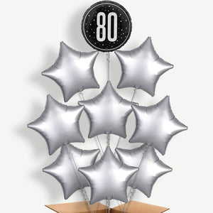 Black & Silver 80th Birthday 9 Helium Balloon Bundle