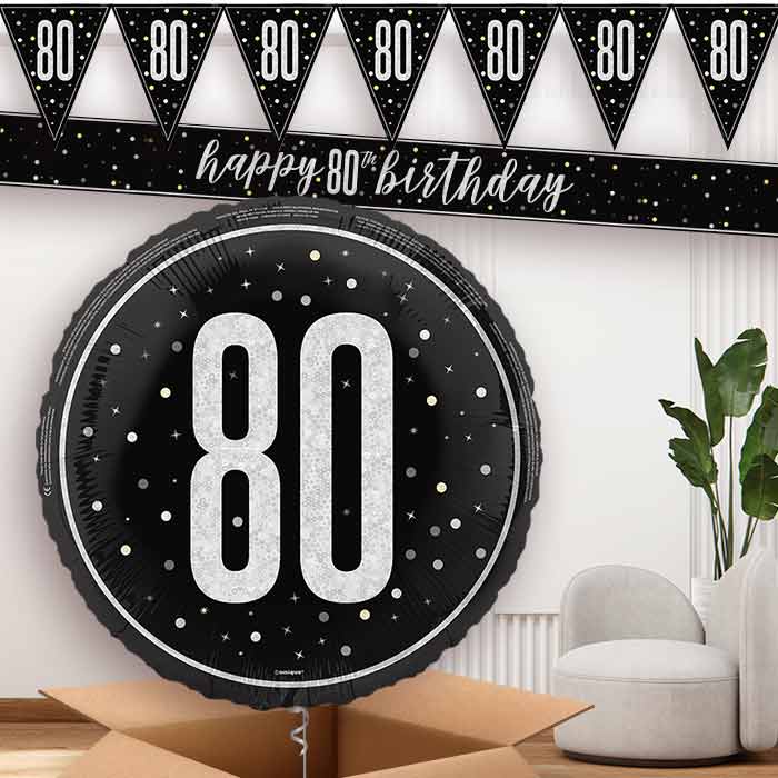 Black and Silver 80th Balloon and Banners | Party Save Smile