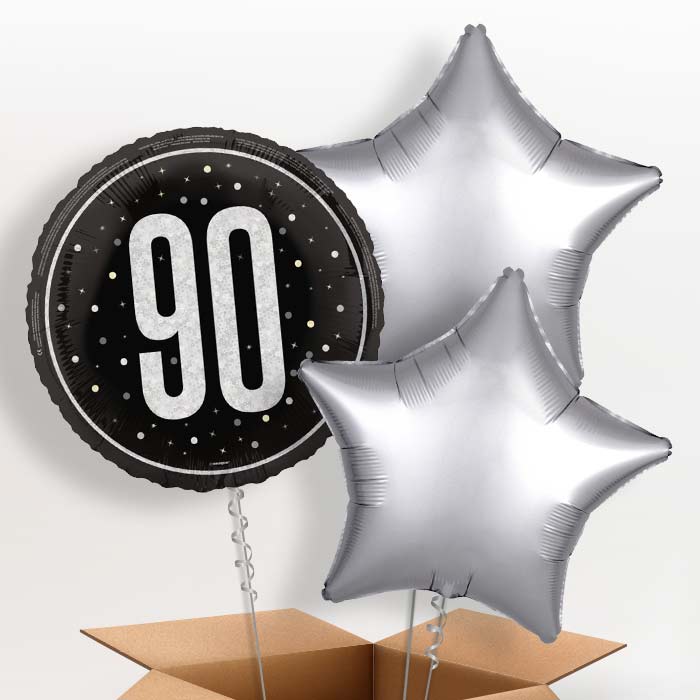 Black and Silver 90th Birthday Helium Balloon in a Box - 3 Balloon | Party Save Smile
