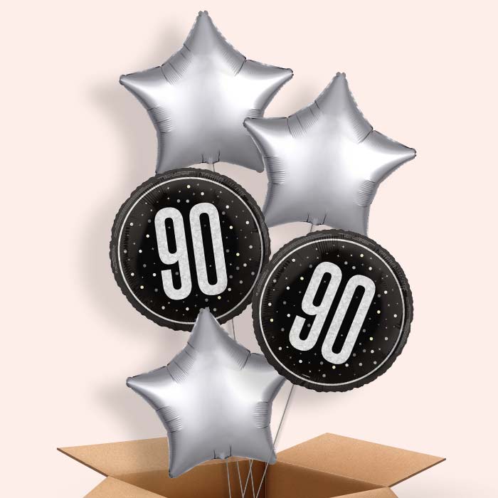 Black and Silver 90th Birthday Helium Balloon in a Box - 5 Balloon | Party Save Smile