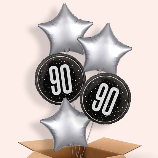 Black and Silver 90th Birthday Helium Balloon in a Box - 5 Balloon | Party Save Smile