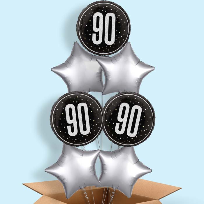 Black and Silver 90th Birthday Helium Balloon in a Box - 7 Balloon | Party Save Smile