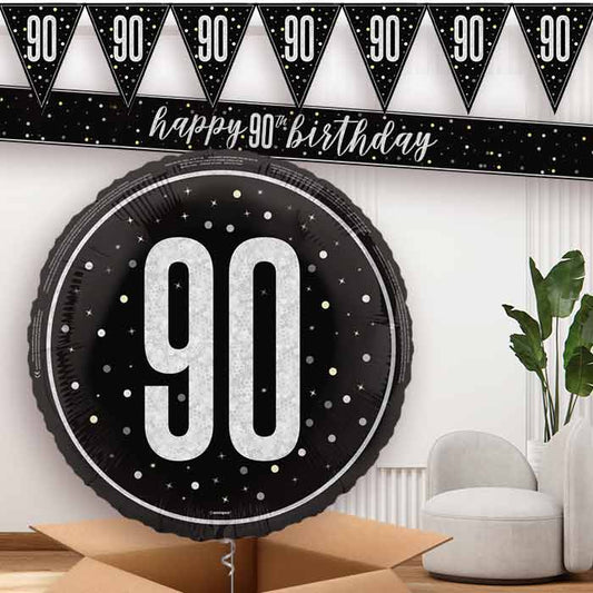 Black and Silver 90th Birthday Balloon and Banners | Party Save Smile