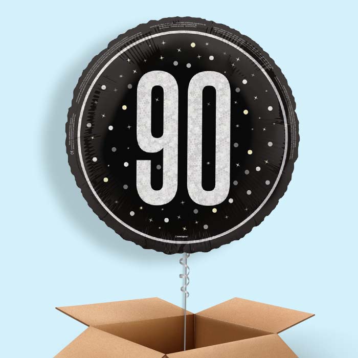 Black and Silver 90th Birthday Helium Balloon in a Box - 1 Balloon | Party Save Smile