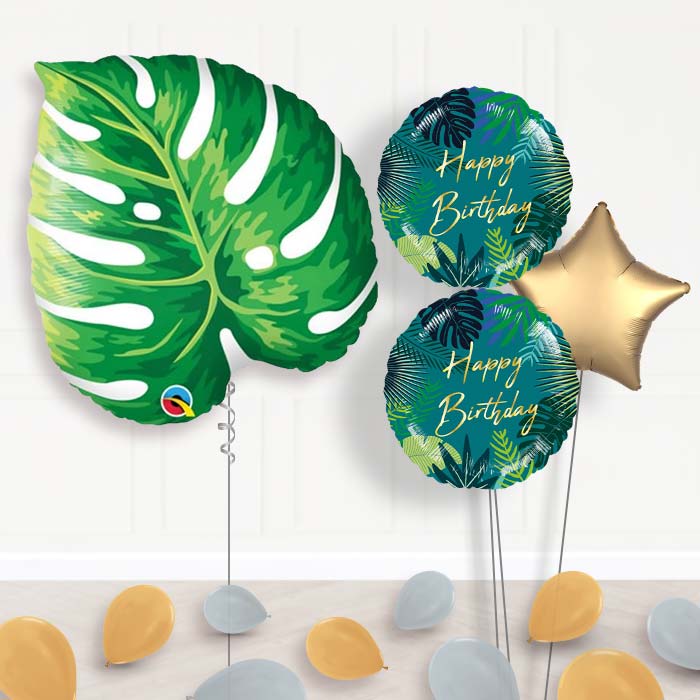 Tropical Leaf Birthday Balloon Bouquet-Giant Balloon + 2 Themed Balloons + 1 Plain Balloon + Mini Balloons 