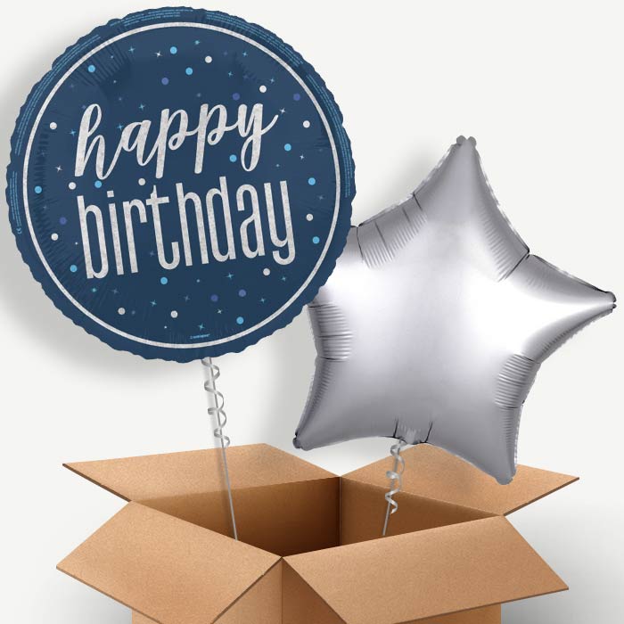 Navy Blue and Silver Happy Birthday Helium Balloon Pair | Party Save Smile