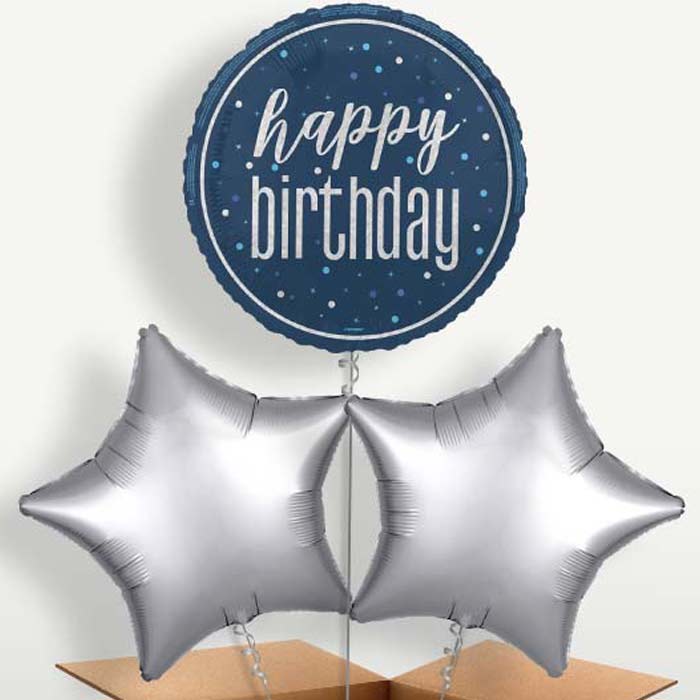 Navy Blue & Silver Happy Birthday Balloon Bunch | Party Save Smile