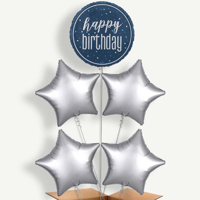 Navy Blue & Silver Happy Birthday Helium Cluster Balloons | Party Save Smile