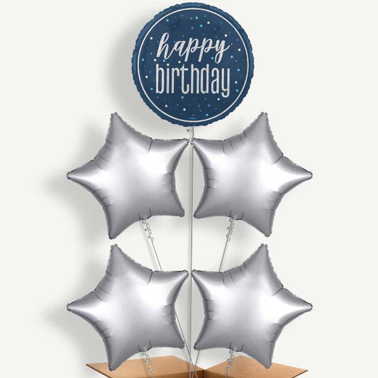 Navy Blue & Silver Happy Birthday Helium Cluster Balloons | Party Save Smile