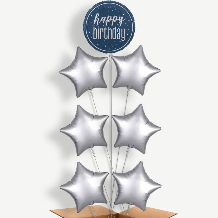 Navy Blue & Silver Happy Birthday Helium Balloon Arrangement | Party Save Smile