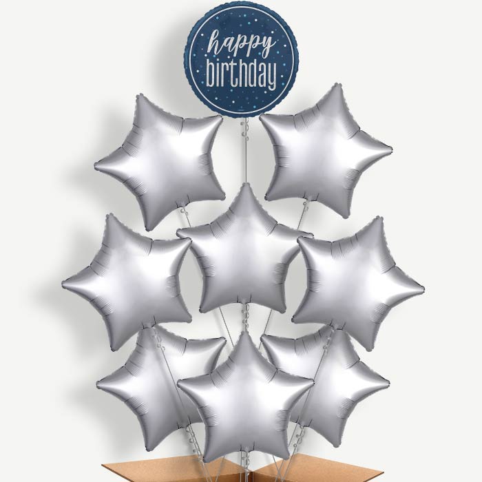Navy Blue & Silver Happy Birthday Helium Balloon Bundle | Party Save Smile