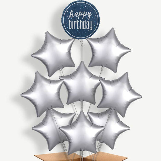 Navy Blue & Silver Happy Birthday Helium Balloon Bundle | Party Save Smile