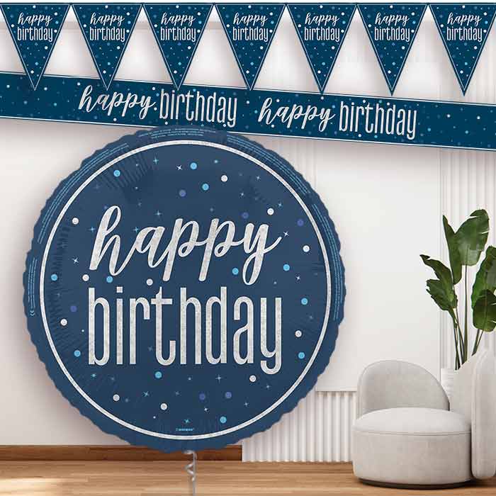 Navy Blue and Silver Happy Birthday Balloon Banner - Party Save Smile