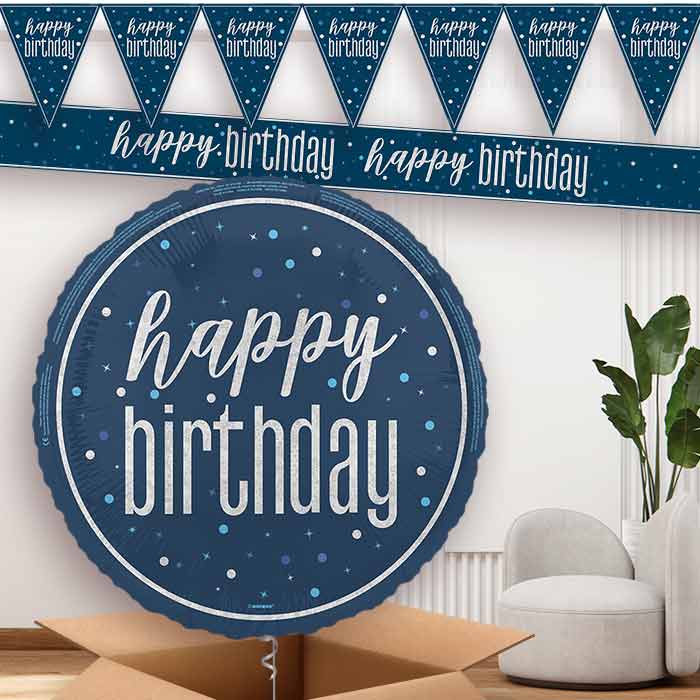 Navy Blue and Silver Happy Birthday Balloon Banner | Party Save Smile