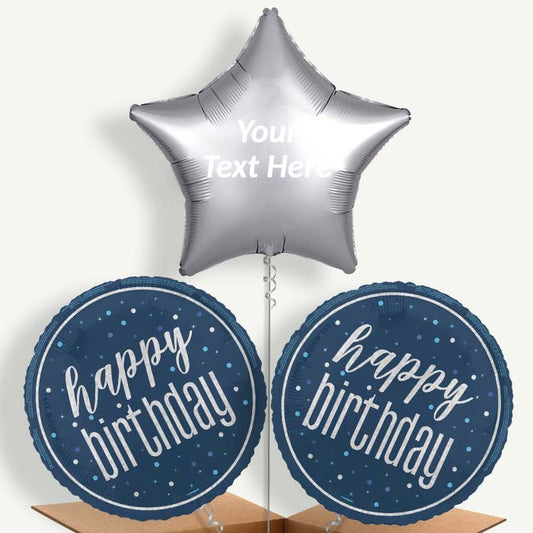 Personalisable Navy Blue & Silver Happy Birthday Helium Balloons | Party Save Smile