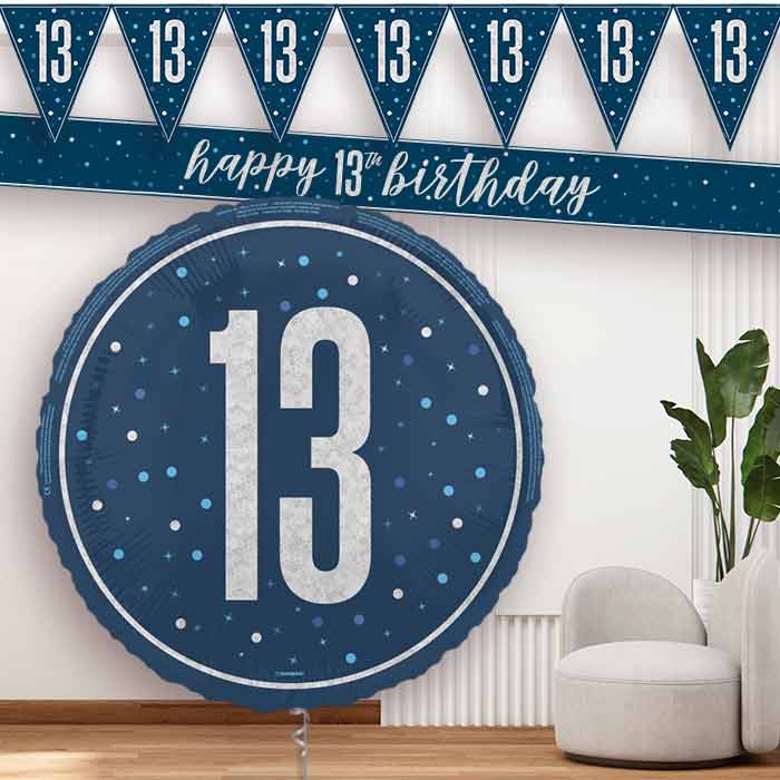 Navy Blue and Silver 13th Birthday Balloon Banners
