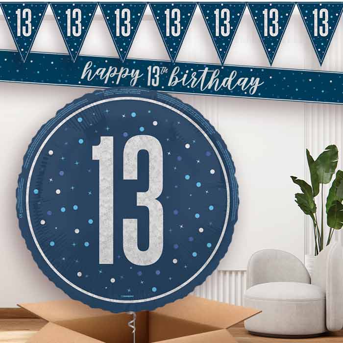 Navy Blue and Silver 13th Birthday Balloon Banners | Party Save Smile