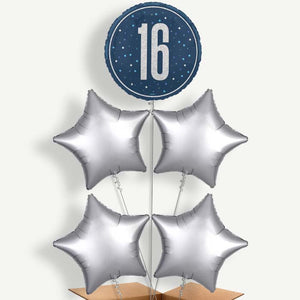 Navy Blue & Silver 16th Birthday 5 Helium Cluster Balloons
