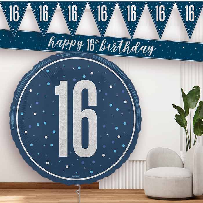 Navy Blue and Silver 16th Birthday Balloon and Banners