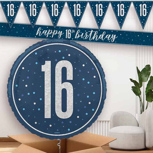Navy Blue and Silver 16th Birthday Balloon and Banners | Party Save Smile