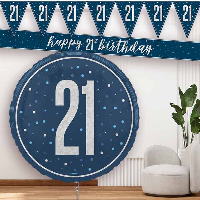 Navy Blue and Silver 21st Birthday Banners and Balloon