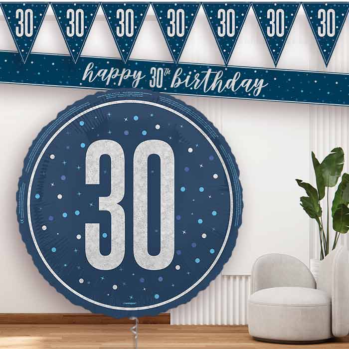 Navy Blue and Silver 30th Banners and Balloon
