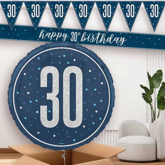 Navy Blue and Silver 30th Banners and Balloon | Party Save Smile