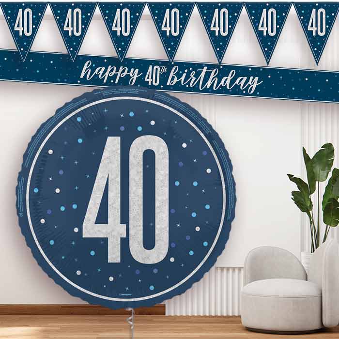 Navy Blue and Silver 40th Birthday Balloon and Banners - Party Save Smile