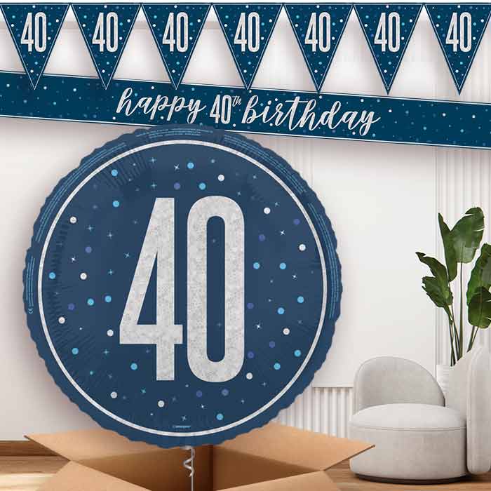 Navy Blue and Silver 40th Birthday Balloon and Banners | Party Save Smile