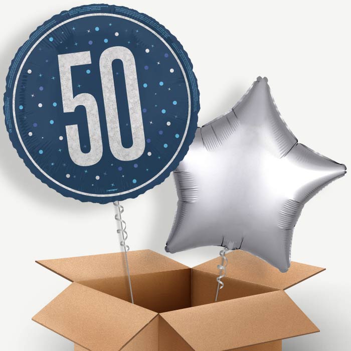 Navy Blue and Silver 50th Birthday Helium Balloon Pair | Party Save Smile