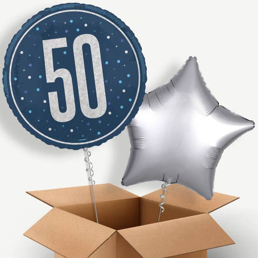 Navy Blue and Silver 50th Birthday Helium Balloon Pair | Party Save Smile