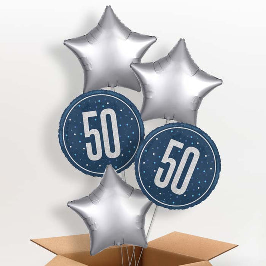 Navy Blue and Silver 50th Birthday Helium Balloon in a Box - 5 Balloon | Party Save Smile